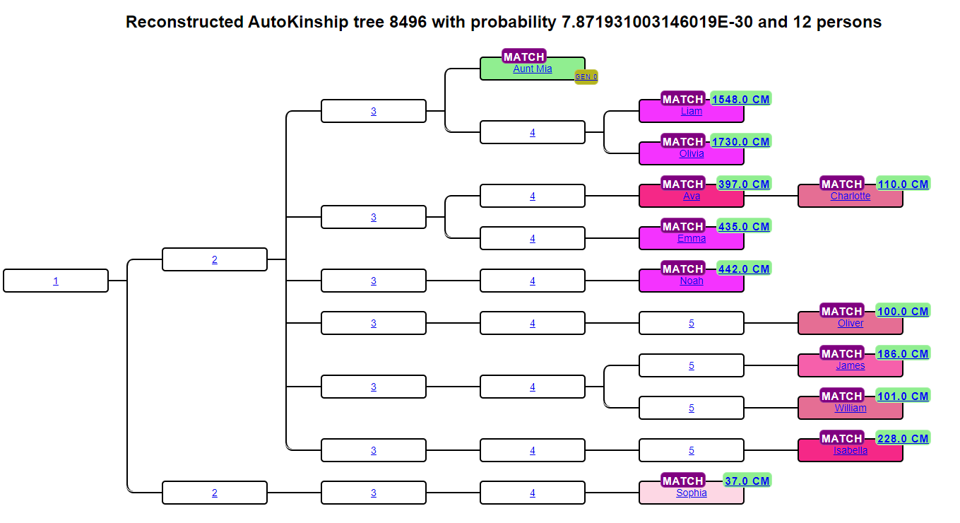 Reconstructed AutoKinship family tree with numbered ancestral nodes and DNA matches at the leaves annotated with cM values