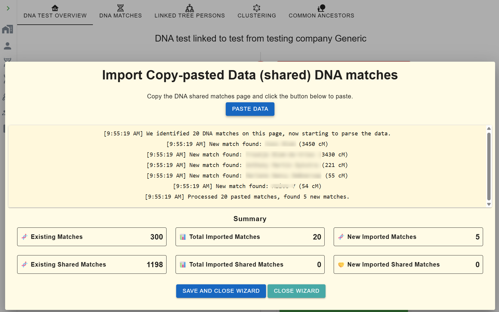 Copy-Paste Wizard dialog showing parsed DNA matches with a live log of identified matches, existing vs. newly imported counters, and Save/Close buttons