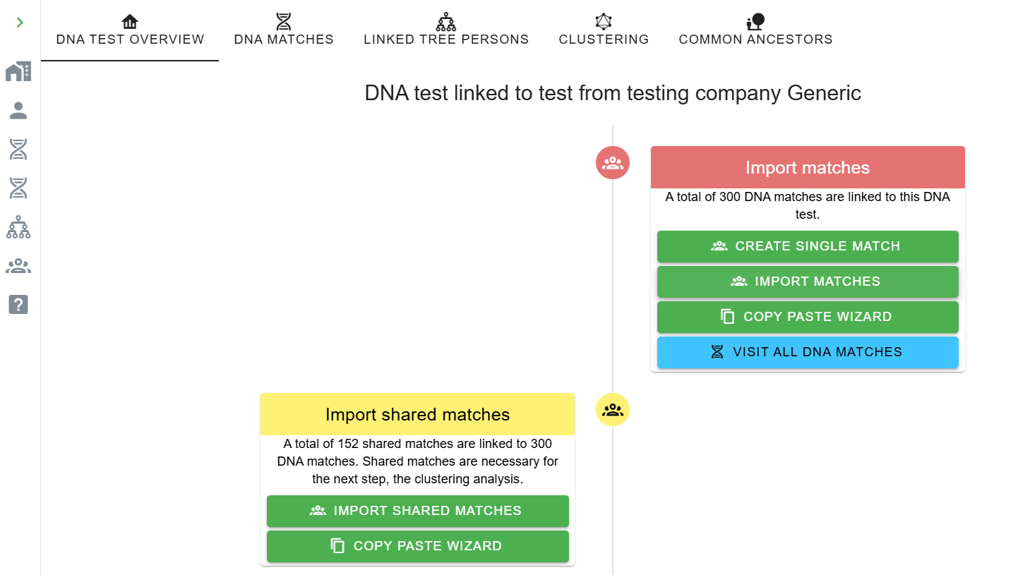 DNA test overview page in AutoLineage with Import Matches and Import Shared Matches panels and a blue Copy Paste Wizard button