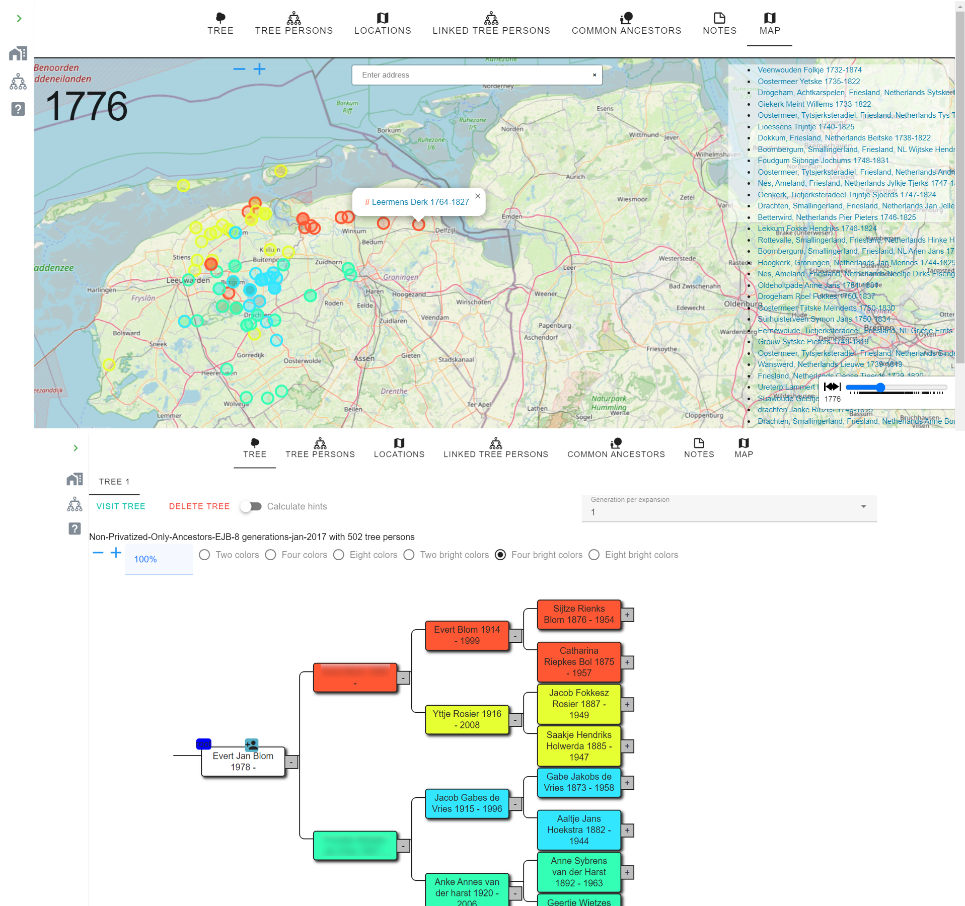 Top half: map of the northern Netherlands with coloured location pins clustered around small towns; bottom half: a four-colour ancestral tree aligned to the map's colour coding